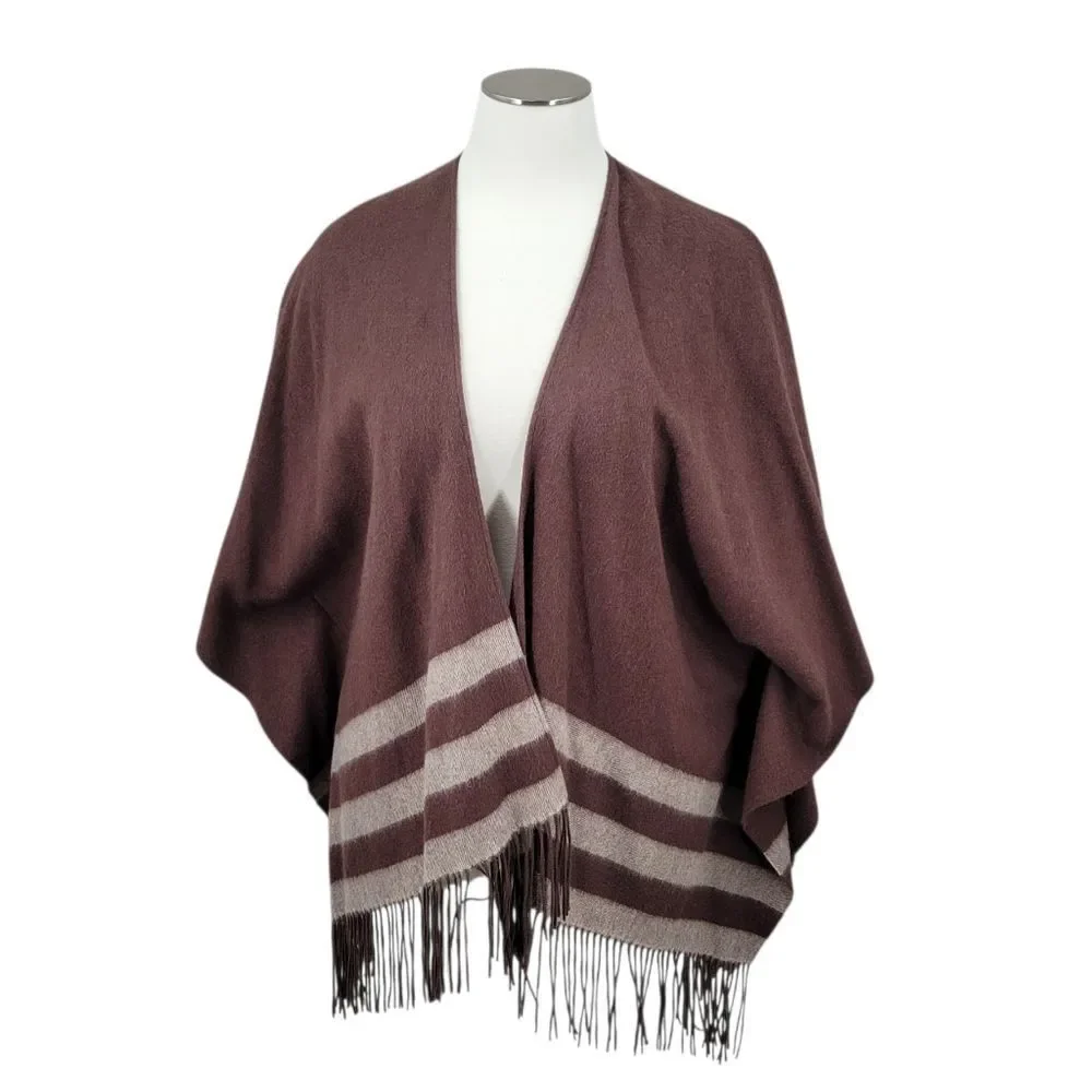 Wool Cashmere Brown Fringe Ruana Poncho with Stripes